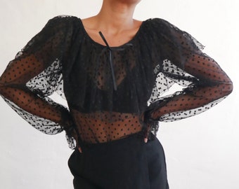 Vintage black sheer lace ruffled blouse long sleeve poet blouse