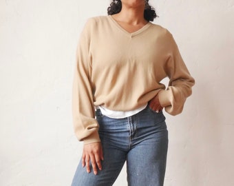 Tan Cashmere Sweater 90's Minimalist V-neck Long Sleeve Shirt