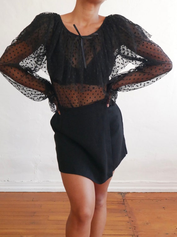 Vintage black sheer lace ruffled blouse long sleev