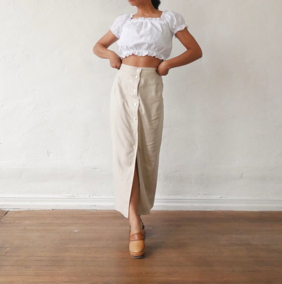 Vintage Linen Maxi Skirt 90's Tan Button Front Pencil… Gem