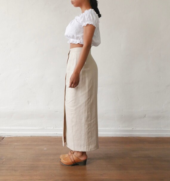 Vintage Linen Maxi Skirt 90's Tan Button Front Pencil… Gem