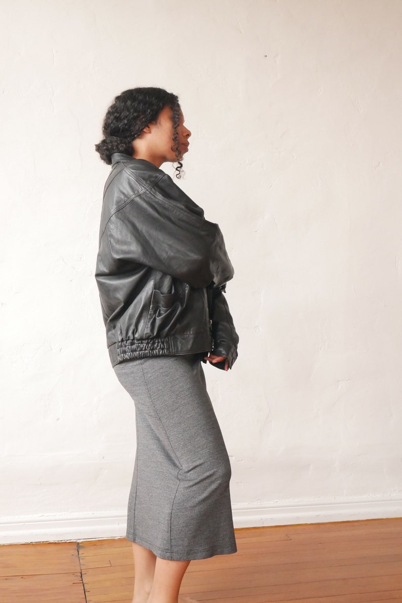 Black leather bomber jacket 80s oversized slouchy jacket image 3