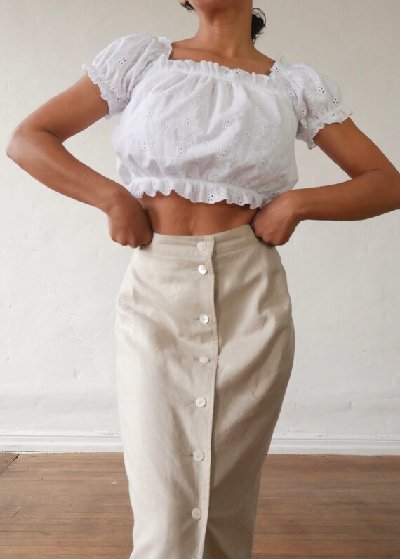Vintage Linen Maxi Skirt 90's Tan Button Front Pencil… Gem