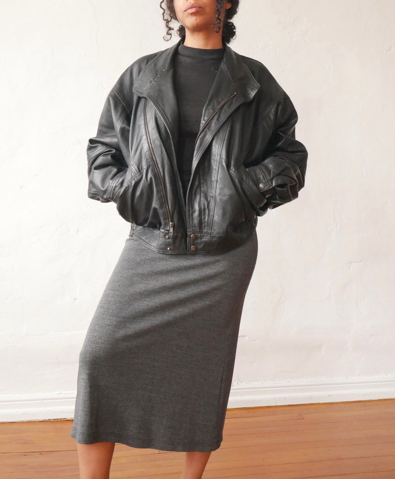 Black leather bomber jacket 80s oversized slouchy jacket image 5