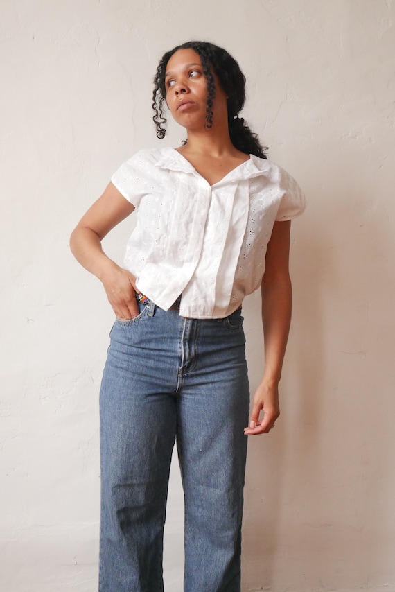 70s White Eyelet Blouse Vintage Cotton Boho Top