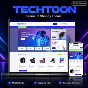 Op de afbeelding: Een laptop en smartphone tonen een websitethema genaamd TECHTOON, met de tekst "Premium Shopify Theme" en "2026 Edition". De website toont VR-headsets, smartwatches en andere technische producten. Het thema wordt beschreven als "Mobile Ready", "Lightning Fast" en "Conversion-Optimized".