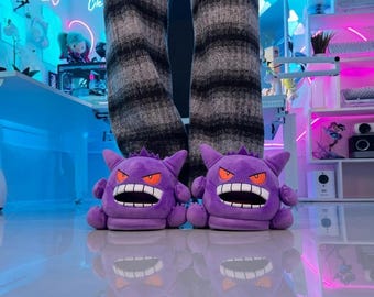 Gengar Plush Slippers | Cute Anime House Shoes | Kawaii Gaming Room Slippers | Cozy Winter Indoor Shoes