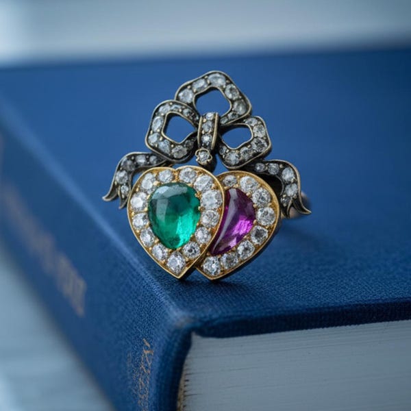 Circa 1820's Antique Double Heart Ring, Victorian Twin Heart With Bow Ring, Ruby & Emerald CZ Stone Ribbon Bow Heart Ring, Engagement Ring