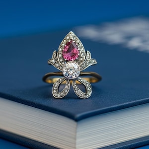 Peut inclure: Une bague en or avec un motif floral, ornée d'une pierre rose en forme de poire en haut et d'une pierre claire ronde en dessous. La bague est ornée de petites pierres claires. Elle repose sur un livre bleu.