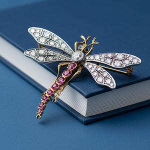 Victorian Dragonfly Brooch, Ruby Cushion & Round CZ Stone Insect Pin, Nature Inspired Bug Brooch, Antique Art Deco Animal Brooch For Her-Him