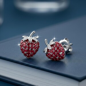 Tiny Strawberry Stud Earrings, Tropical Fruit Inspired Stud Earring, Ruby Round CZ Stone Push Back Studs, Botanical Jewelry, Mini Berry Stud