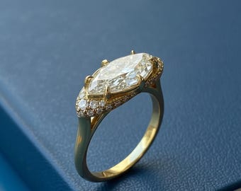 Classic East West Engagement Ring, Six Prong Set Marquise Moissanite Diamond Half Halo Ring, Vintage Style Wedding Bridal Ring, Gift For Her