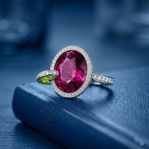 Puede incluir: Primer plano de un lujoso anillo con una gran piedra preciosa rosa oscuro de talla ovalada, rodeada de pequeños diamantes blancos brillantes. El anillo tiene una banda de oro blanco con diamantes adicionales y una pequeña piedra verde.