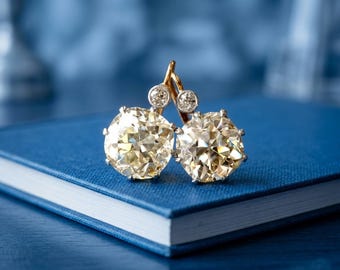 Edwardian Two Stone Dangle Earrings, Vintage Style Old Mine Cut & Round Moissanite Diamond Wedding Drop Earring, Two Tone Lever Back Earring