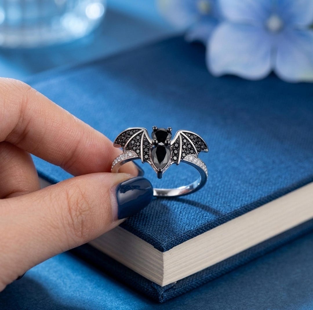 Gothic Bat Engagement Ring, Black Pear & Oval CZ Stone Vampire Bat Ring ...