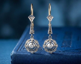 Art Deco Floral Motif Earrings, Vintage Style Two Tone Drop Earring, Lever Back Dangle Earring, Round Moissanite Diamond Wedding Earring