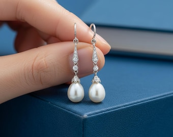 Art Deco Pearl Drop Earring, Edwardian Round CZ Stone Dangle Earring, Wire Hook Earring, Vintage Style Wedding Earring, Party Wear Earrings