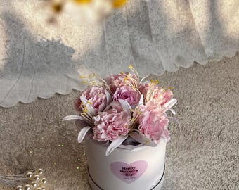 Pink Carnation Flower Bucket, Handmade Artificial Floral Decor, Graduation gifts for teachers and students