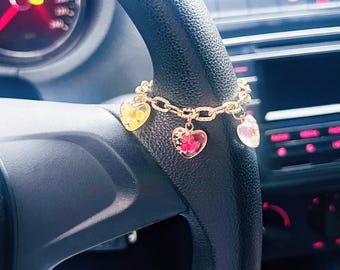 Real Pressed Wildflower Heart Car Charm, Gold Chain Resin Heart Steering Wheel Accessory, Floral Car Hanging Ornament