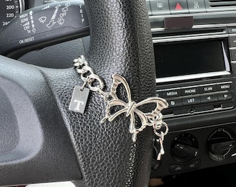 Butterfly Car Steering Wheel Silver Chain, Custom Initial Zodiac Sign Charm, Vintage Car Interior Decor, Vehicle Ornament, Car Accessory
