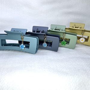 May include: Four large hair claw clips in shades of blue, gray, green, and yellow-green. Each clip has a gold-colored charm with a flower design. The clips are arranged in a row, showcasing their colors and details.