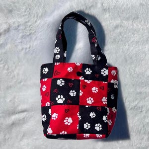 Handmade Mini Tote Bag Patchwork Black & Red Paw Print Pattern