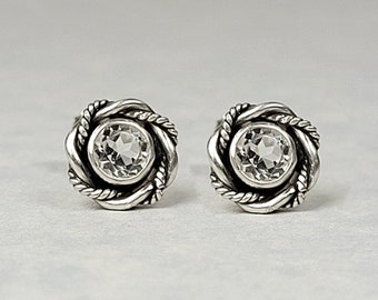 White Topaz Stud Earrings Set, Sterling Silver Vintage Style White Topaz Earrings, Small Clear Stone Post Earrings, Small Stud Earrings