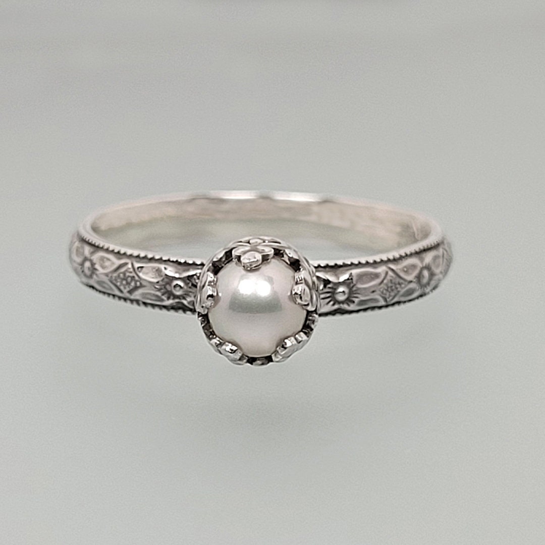 Pearl Ring Vintage Style in Sterling Silver, Edwardian Engagement Ring ...
