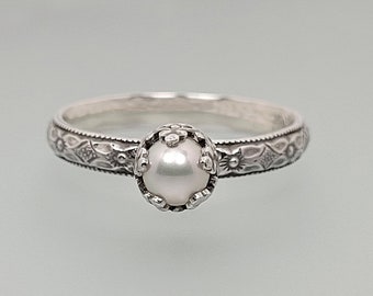 Pearl Ring Vintage Style in Sterling Silver, Edwardian Engagement Ring, Vintage Inspired Pearl Engagement Ring,  June Birthstone Ring