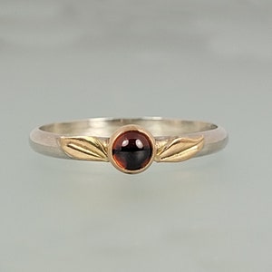 Garnet Ring with Leaves in Sterling Silver and 14kt Gold, Nature Leaf Engagement Ring, January Birthstone Ring, Silver and Gold Size 7 Ring