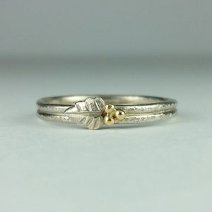 Leaf Ring in Sterling Silver 14kt Gold, Tree Bark Ring, Twig and Leaf Ring, Nature Ring, Leaf and Flower Buds Ring, Minimalist Leaf Ring