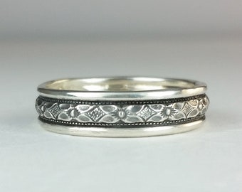 Mens Wedding Band Vintage Style in Sterling Silver, Edwardian Style Mens Wedding Band, Non traditional Wedding Ring, Unique Wedding Band