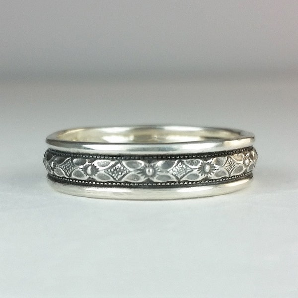 Mens Wedding Band Vintage Style in Sterling Silver, Edwardian Style Mens Wedding Band, Non traditional Wedding Ring, Unique Wedding Band