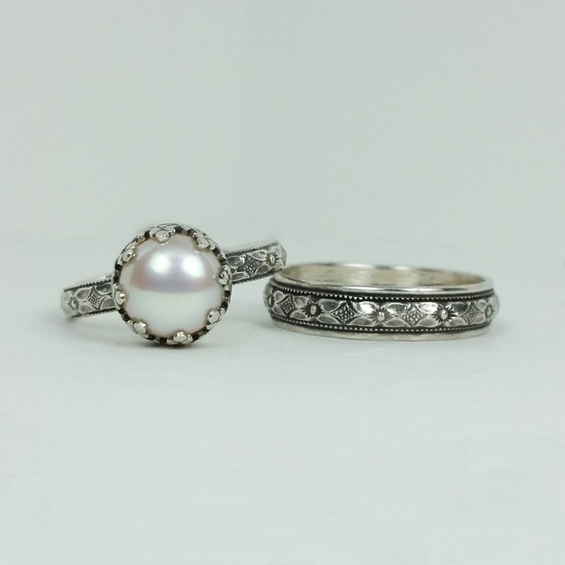 Pearl engagement ring wedding band set Vintage style pearl Etsy