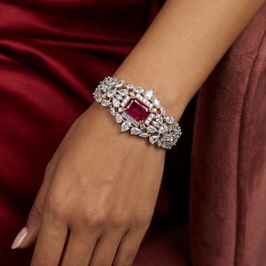Ruby Red Emerald Cut Statement Bracelet, CZ Bridal Cuff, Art Deco Evening Jewelry
