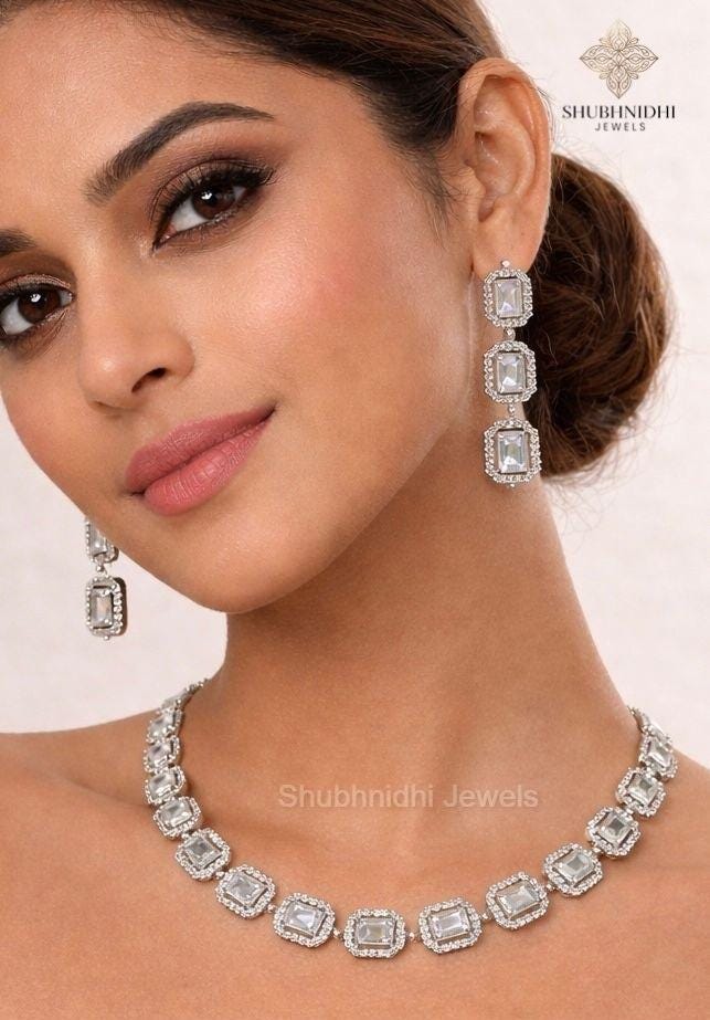 Silver Emerald Cut Crystal Necklace Earrings Set Bridal Wedding Choker Jewelry