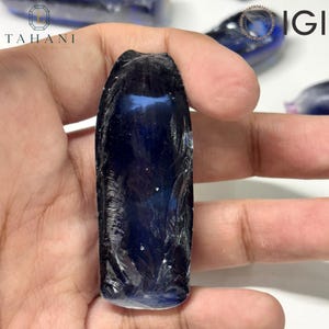 May include: A deep blue, elongated, translucent gemstone with a smooth, polished center and textured, jagged edges. The stone displays a rich, dark indigo hue with lighter blue internal inclusions and a glossy, reflective surface finish.