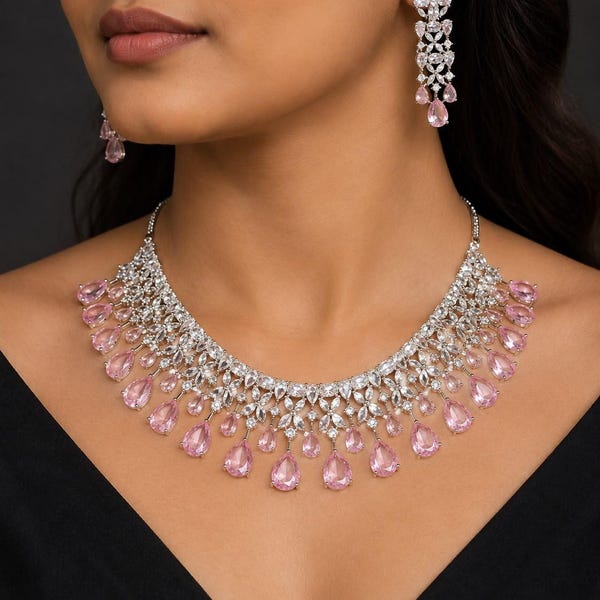 Pink Crystal Bridal Necklace Set, Silver Choker, Long Earrings, Wedding Party Jewelry