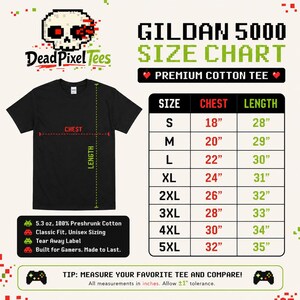 May include: A black t-shirt size chart for Gildan 5000 premium cotton tees. The chart displays chest and length measurements in inches for sizes S through 5XL, alongside text detailing 5.3 oz preshrunk cotton, classic fit, and a tear away label.