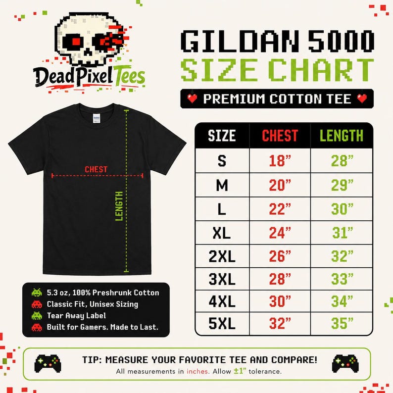 May include: A black t-shirt size chart for Gildan 5000 premium cotton tees. The chart displays chest and length measurements in inches for sizes S through 5XL, alongside text detailing 5.3 oz preshrunk cotton, classic fit, and a tear away label.