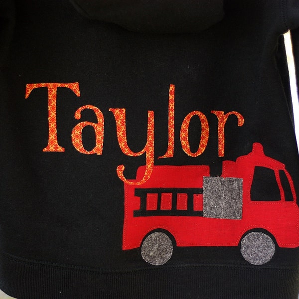 Boy Hoodie with Firetruck, .Name Hoodie  Personalized with Name and Firetruck on Back, Fire and Initial on front.