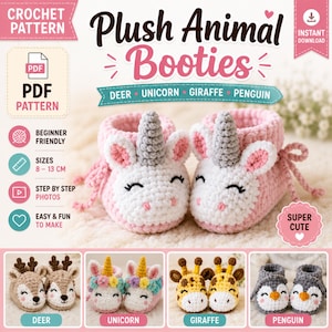 Crochet Baby Animal Boots Pattern PDF | Unicorn, Deer, Giraffe & Penguin Booties | Baby Slippers Crochet Pattern | Instant Download