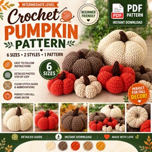 Crochet Pumpkin Pattern | 6 Sizes, 2 Styles Fall Decor (PDF Download)