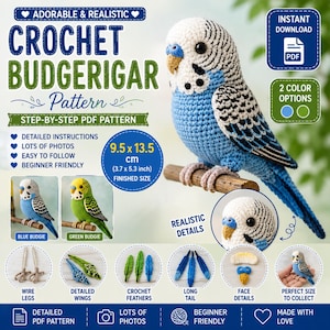Könnte beinhalten: Eine Häkelanleitung für einen Wellensittich als PDF mit einem blau-weißen Vogel auf einer Stange. Die fertige Größe beträgt 9,5 mal 13,5 cm. Enthält Anleitungen für blaue und grüne Farboptionen, Drahtbeine, Flügel und Federdetails.
