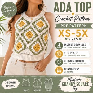 Haakpatroon Ada Top (PDF) | Grandma Square Tanktop Patroon | Gehaakte zomertop voor dames | Maten XS–5X | Direct te downloaden