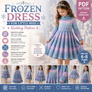 Op de afbeelding: Een digitaal PDF-breipatroon voor een Frozen Dress for Little Miss, met een hooggesloten, geribbelde jurk met lange mouwen en een uitlopende rok in gemêleerd blauw, roze en wit garen. Geschikt voor de maten 6-8 jaar.