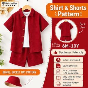 Peut inclure: Un patron de couture numérique pour un ensemble chemise à manches courtes boutonnée et short en tissu rouge texturé, porté sur un t-shirt blanc. Inclut un patron de chapeau bob, une vue arrière et des instructions pour les tailles 6M-10Y.