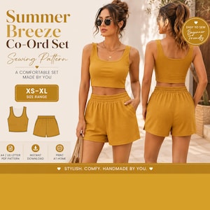 May include: Mustard yellow co-ord set sewing pattern. The image shows a crop top and shorts set. The text reads "Summer Breeze Co-Ord Set Sewing Pattern" and "A comfortable set made by you". The size range is XS-XL. The pattern is beginner friendly.