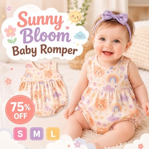 Può includere: Un body per neonati con un motivo di orsetti, arcobaleni e nuvole. Il body senza maniche ha uno sfondo color pesca chiaro. L'immagine include il testo "Sunny Bloom Baby Romper" e le opzioni di taglia.