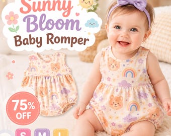 May include: A baby romper with a pattern of teddy bears, rainbows, and clouds. The romper is sleeveless and has a light peach background. The image also features the text "Sunny Bloom Baby Romper" and size options.